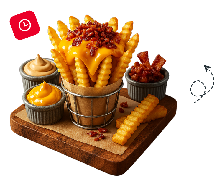 Cone de batata frita crocante com cobertura de cheddar e bacon